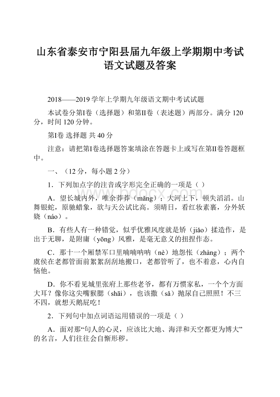 山东省泰安市宁阳县届九年级上学期期中考试语文试题及答案.docx