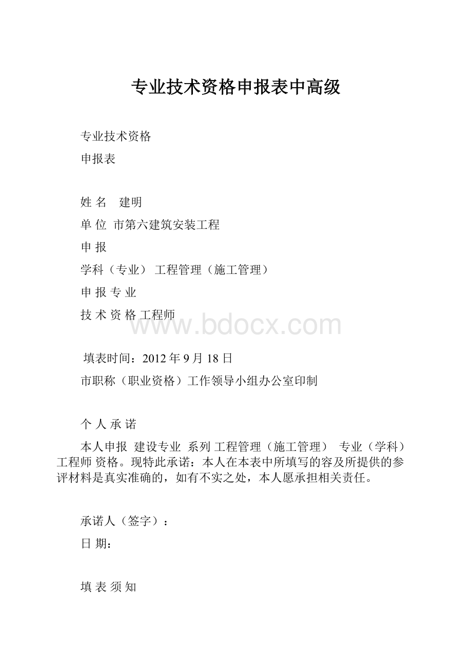 专业技术资格申报表中高级.docx