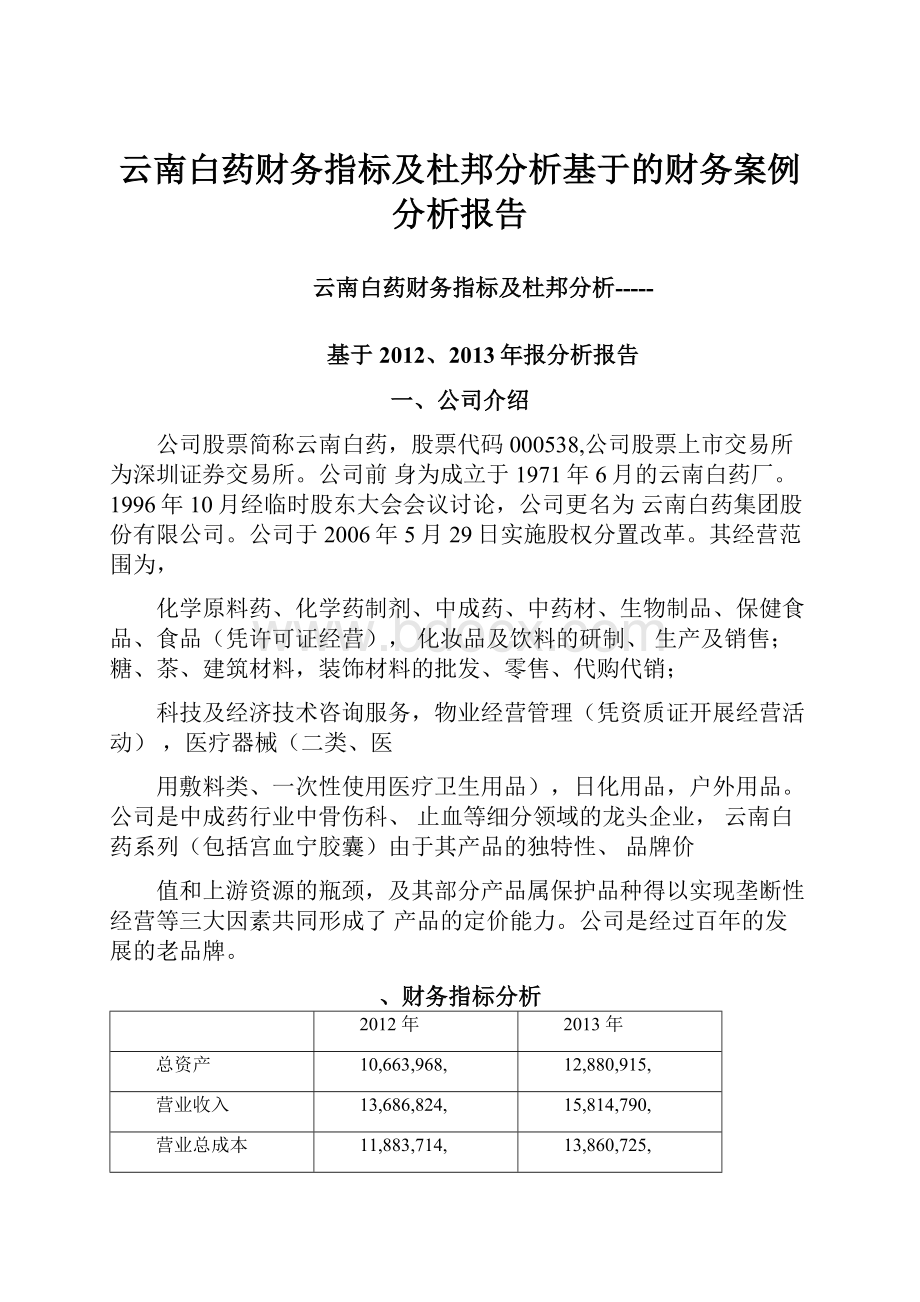 云南白药财务指标及杜邦分析基于的财务案例分析报告.docx_第1页