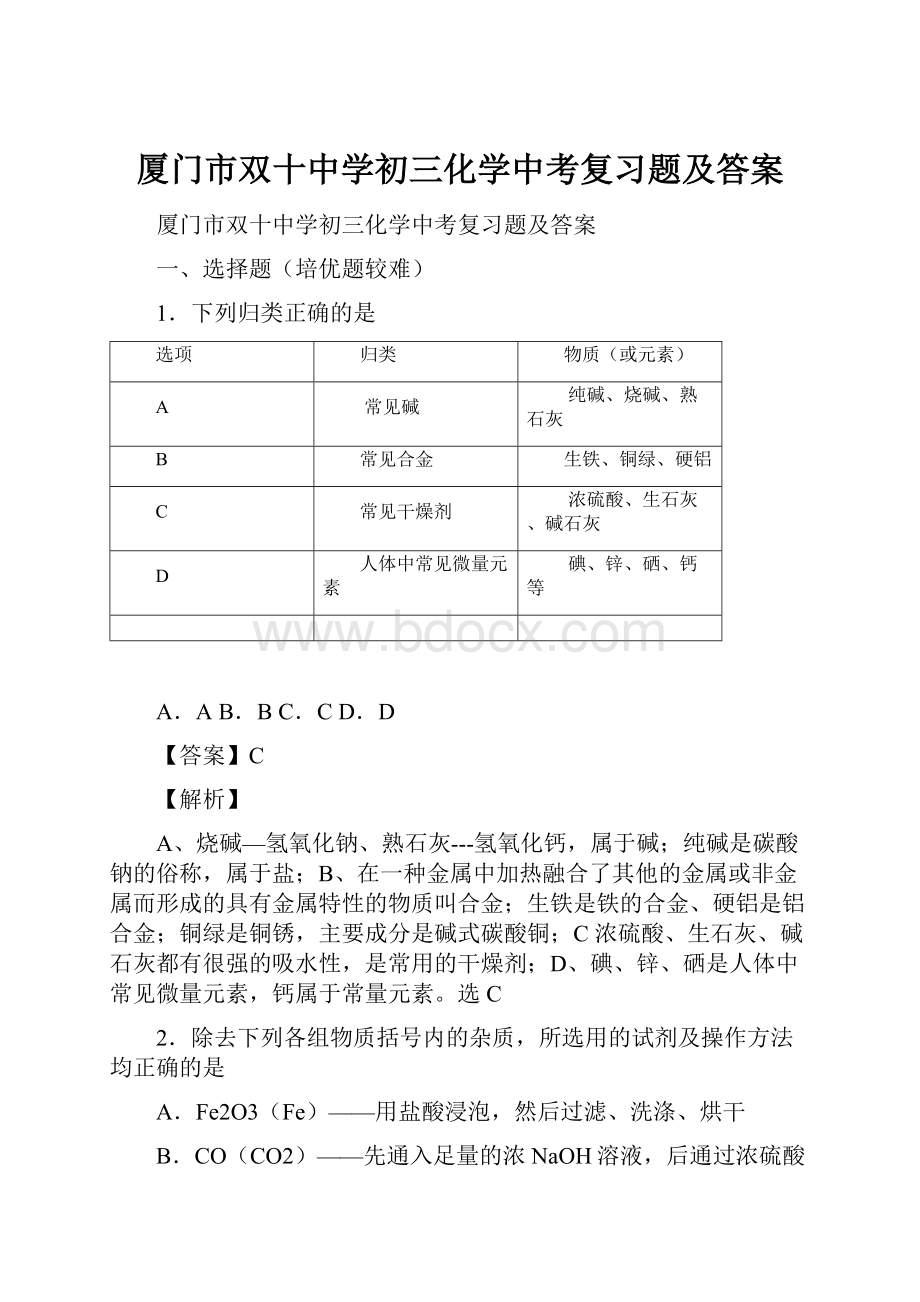 厦门市双十中学初三化学中考复习题及答案.docx_第1页