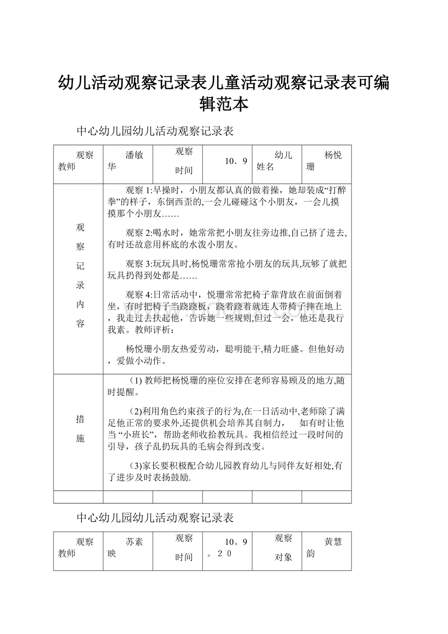 幼儿活动观察记录表儿童活动观察记录表可编辑范本.docx