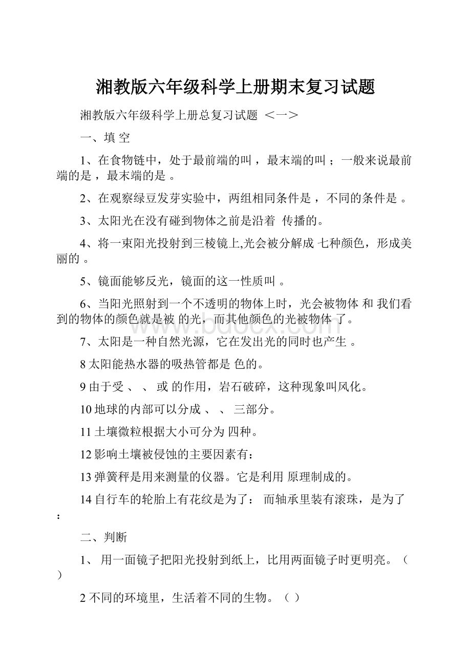 湘教版六年级科学上册期末复习试题.docx