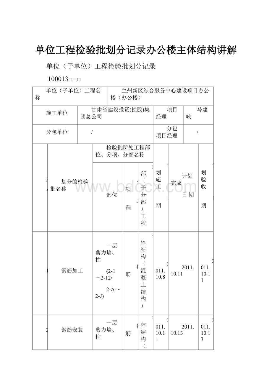 单位工程检验批划分记录办公楼主体结构讲解.docx_第1页