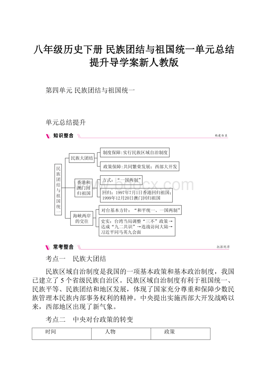 八年级历史下册 民族团结与祖国统一单元总结提升导学案新人教版.docx