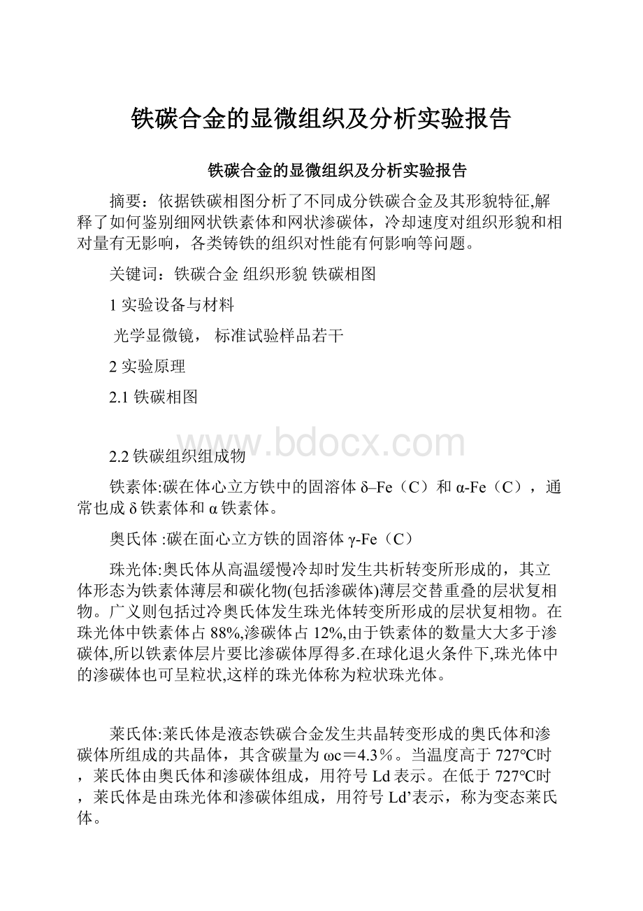 铁碳合金的显微组织及分析实验报告.docx_第1页