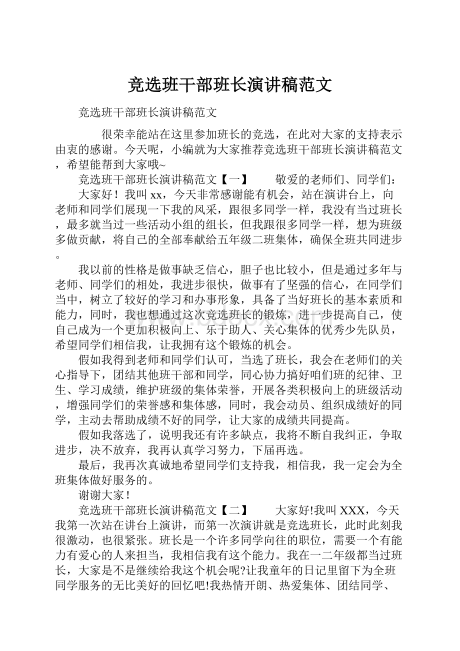 竞选班干部班长演讲稿范文.docx