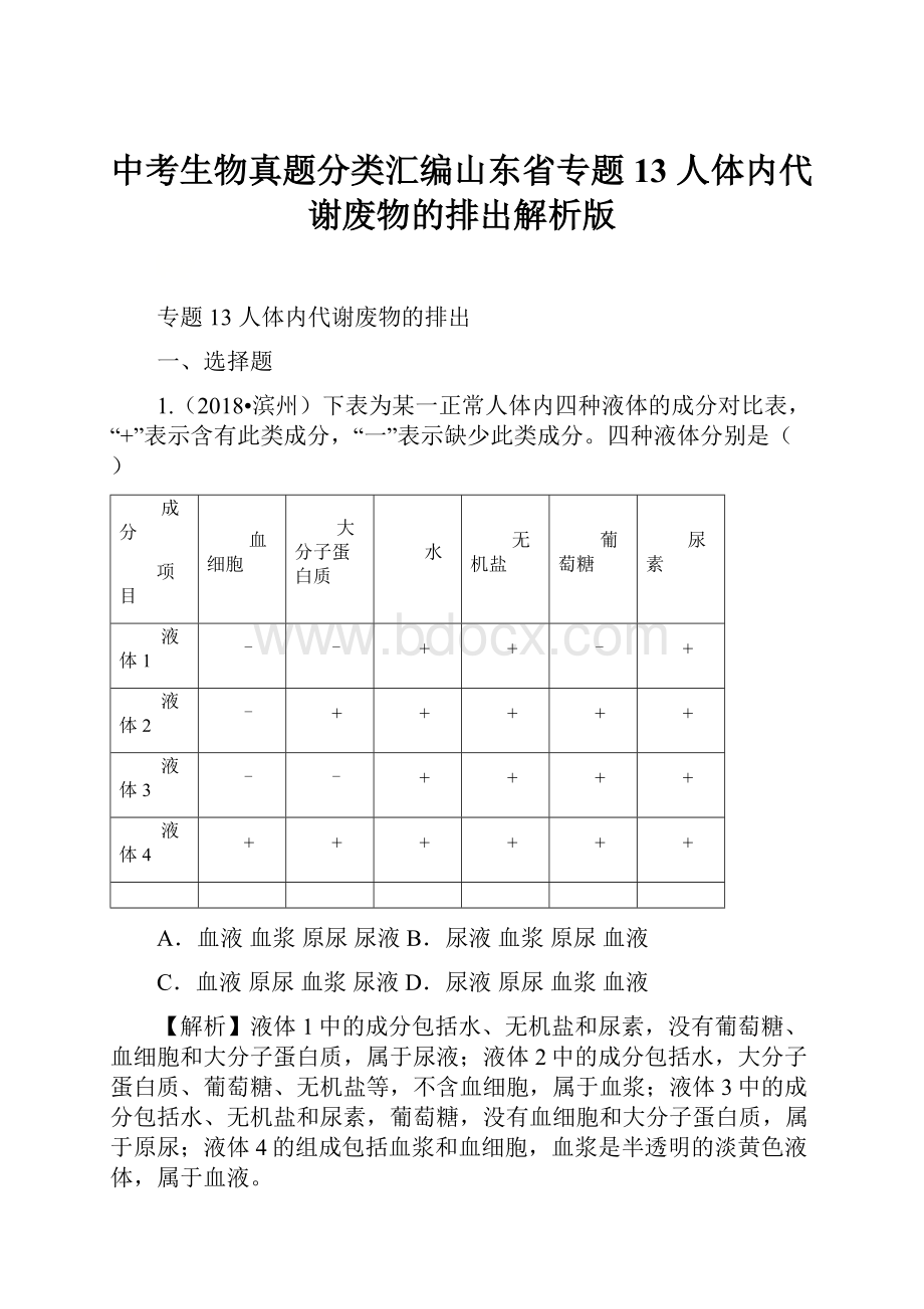 中考生物真题分类汇编山东省专题13 人体内代谢废物的排出解析版.docx