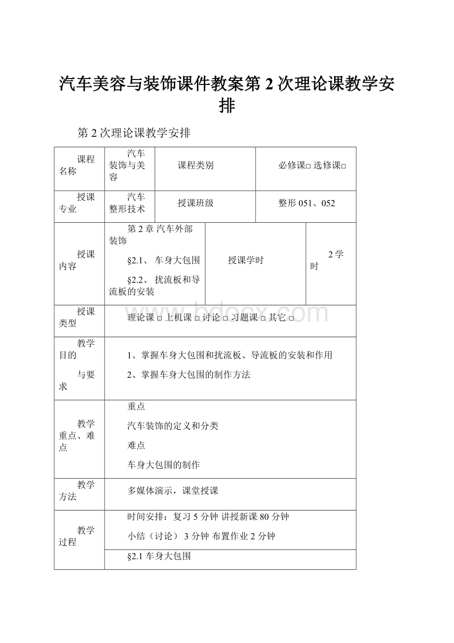 汽车美容与装饰课件教案第2次理论课教学安排.docx_第1页