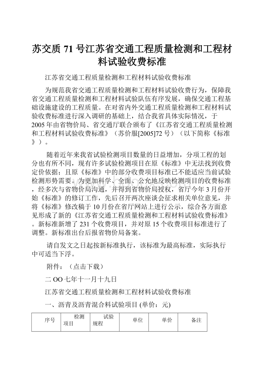 苏交质71号江苏省交通工程质量检测和工程材料试验收费标准.docx