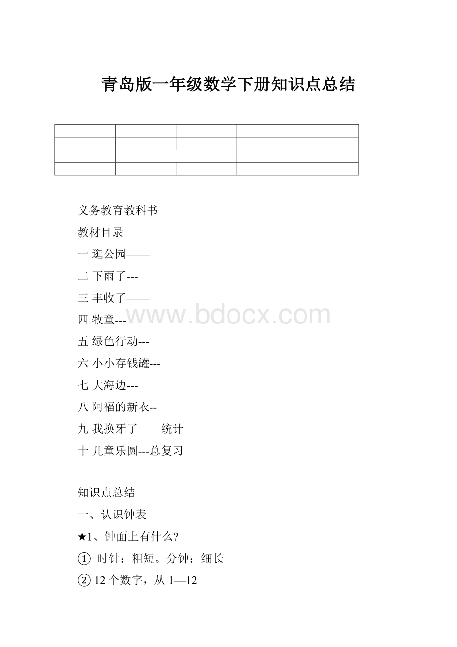 青岛版一年级数学下册知识点总结.docx