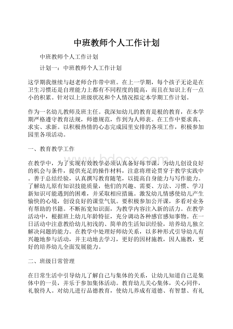 中班教师个人工作计划.docx