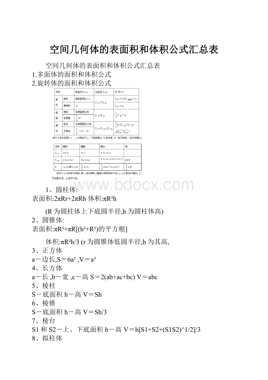 空间几何体的表面积和体积公式汇总表.docx