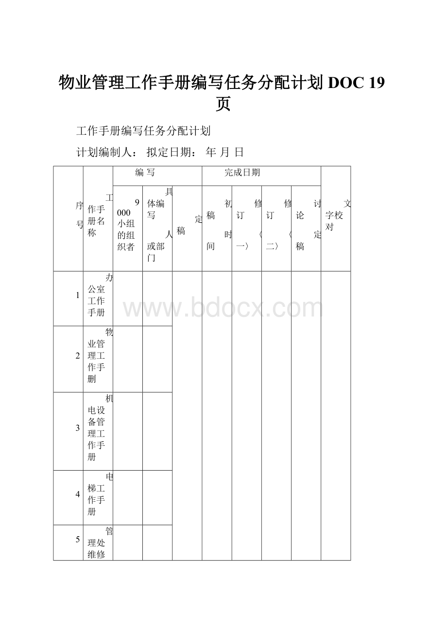 物业管理工作手册编写任务分配计划DOC 19页.docx_第1页