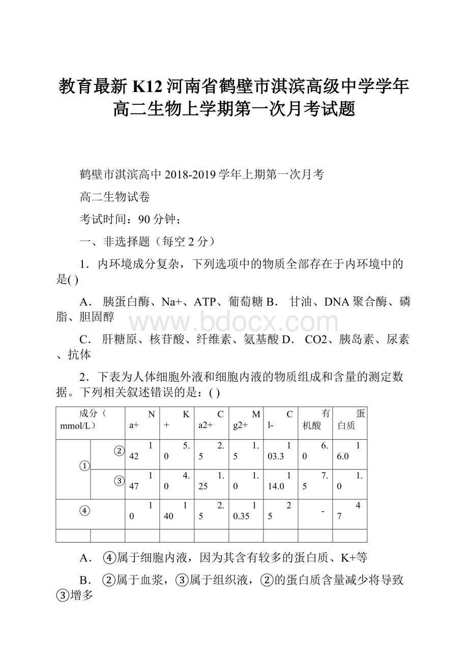 教育最新K12河南省鹤壁市淇滨高级中学学年高二生物上学期第一次月考试题.docx