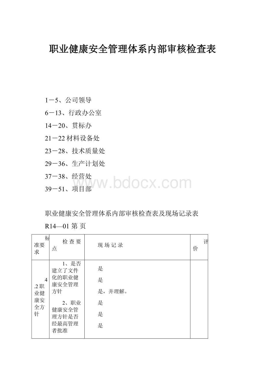 职业健康安全管理体系内部审核检查表.docx