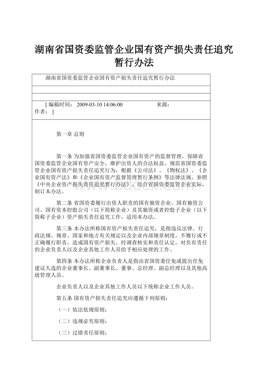 湖南省国资委监管企业国有资产损失责任追究暂行办法.docx