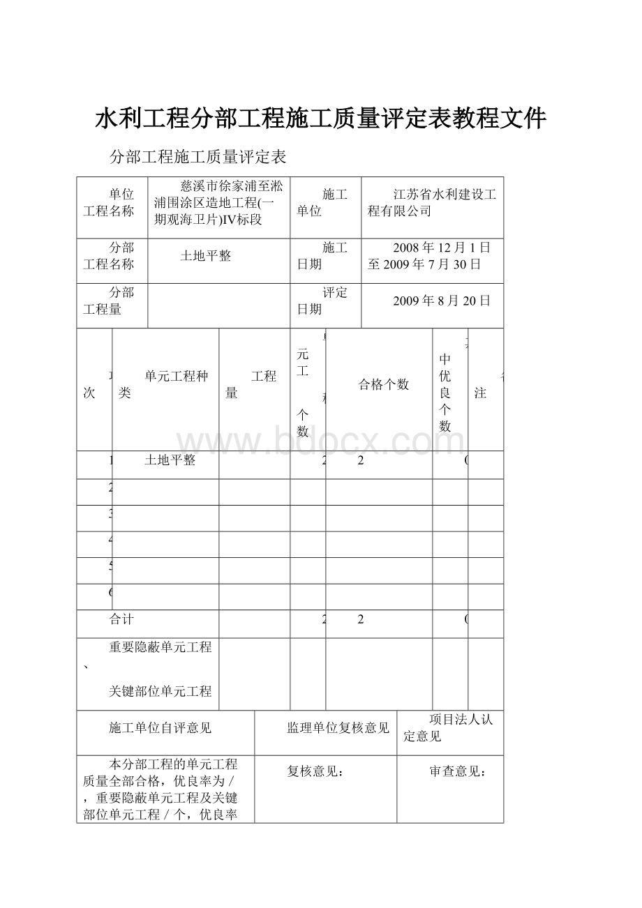 水利工程分部工程施工质量评定表教程文件.docx_第1页