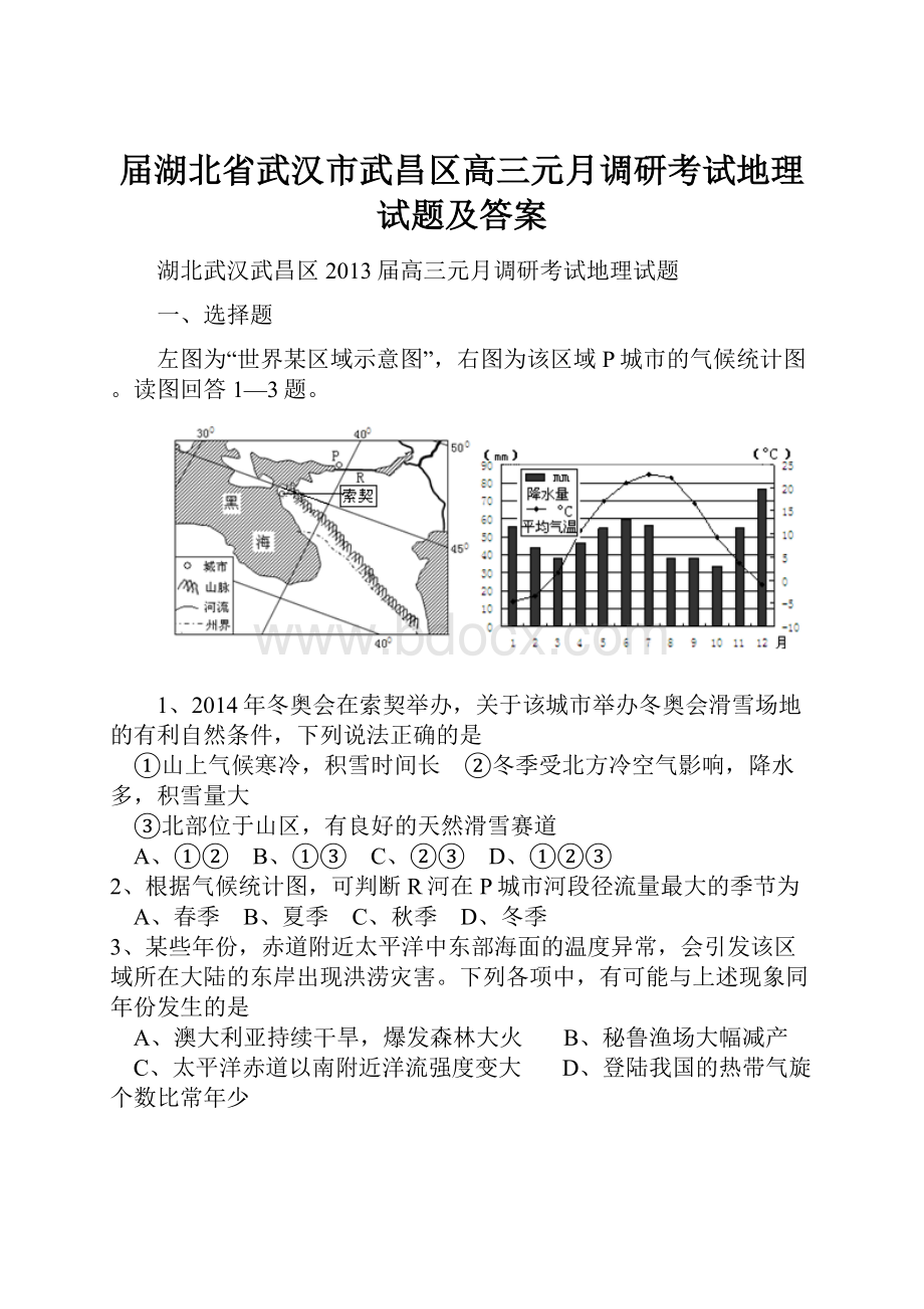 届湖北省武汉市武昌区高三元月调研考试地理试题及答案.docx