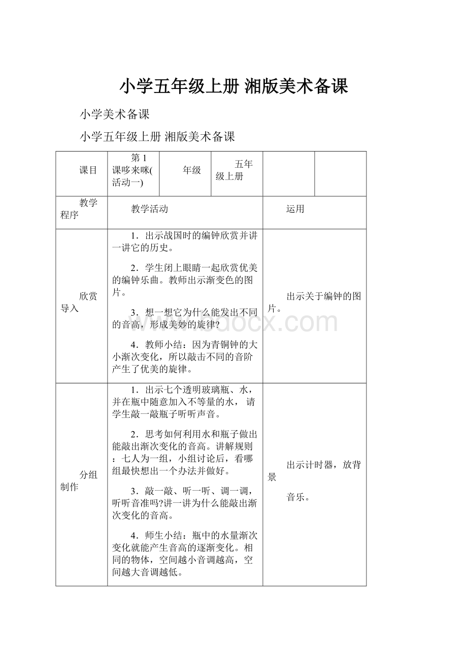 小学五年级上册 湘版美术备课.docx