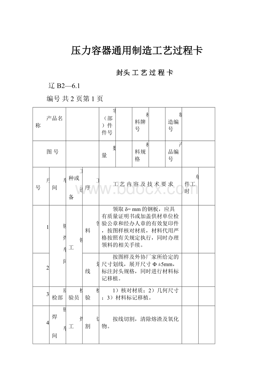 压力容器通用制造工艺过程卡.docx