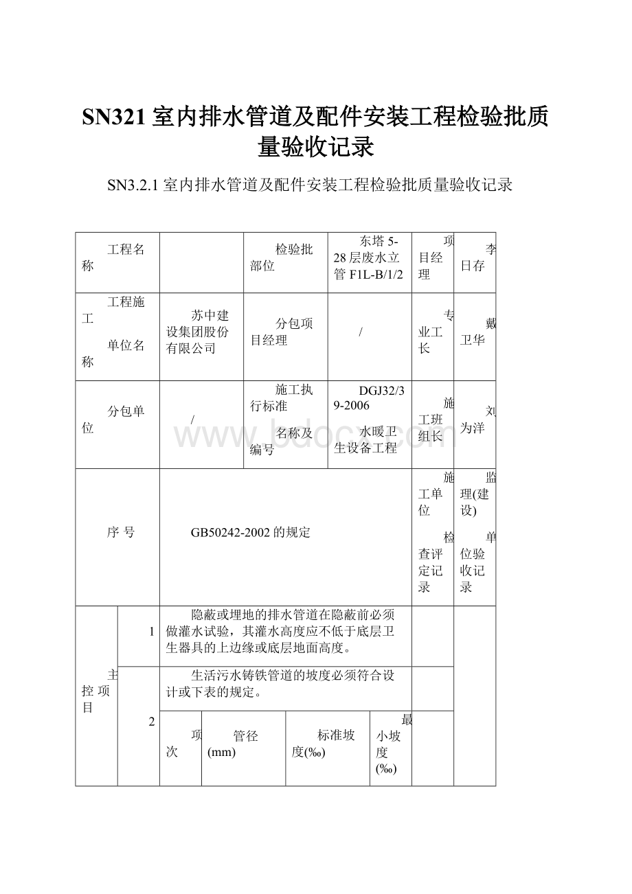 SN321室内排水管道及配件安装工程检验批质量验收记录.docx