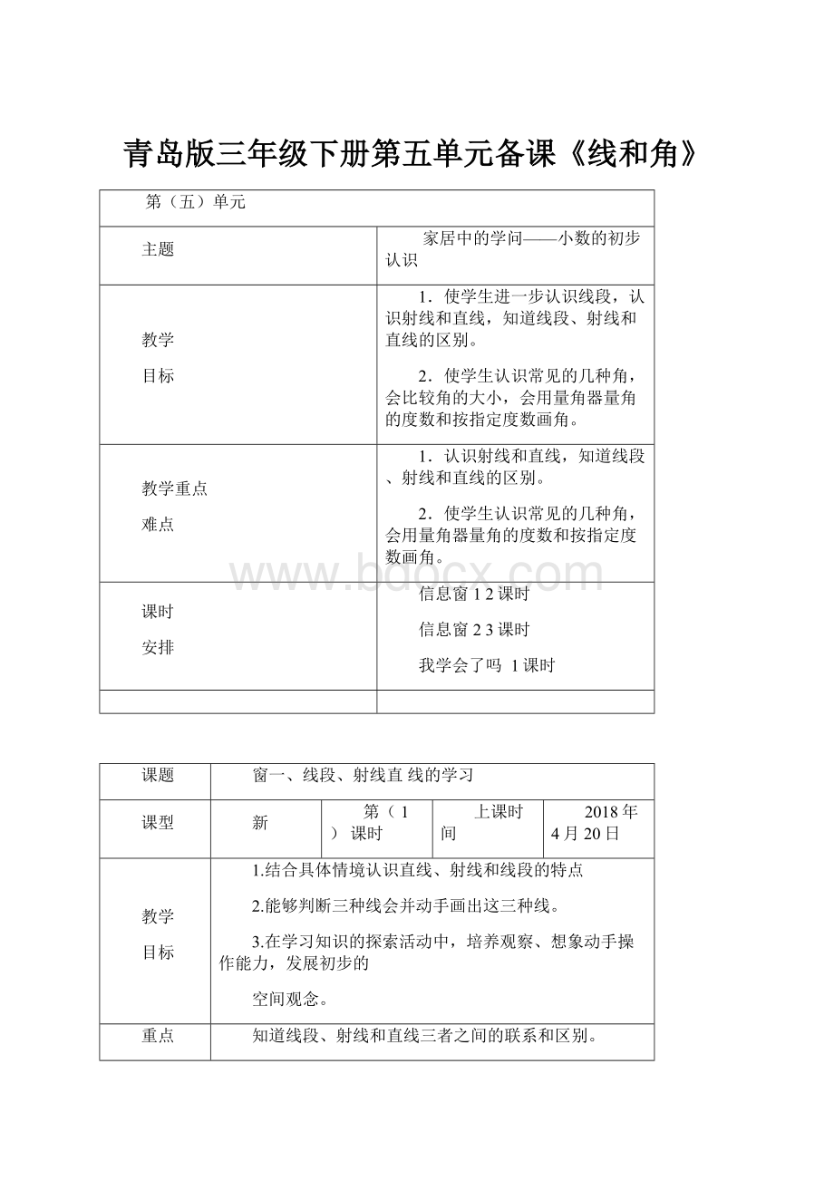 青岛版三年级下册第五单元备课《线和角》.docx