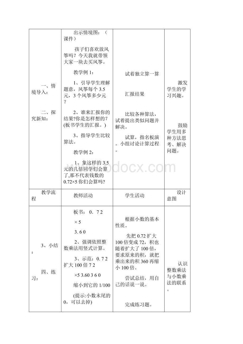 人教版五年级上册第一单元小数乘法教学设计和单元测试题表格式.docx_第3页