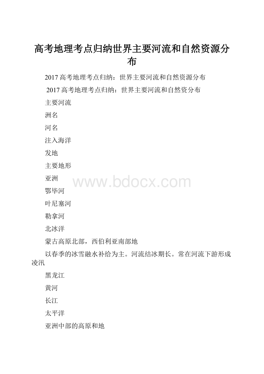 高考地理考点归纳世界主要河流和自然资源分布.docx