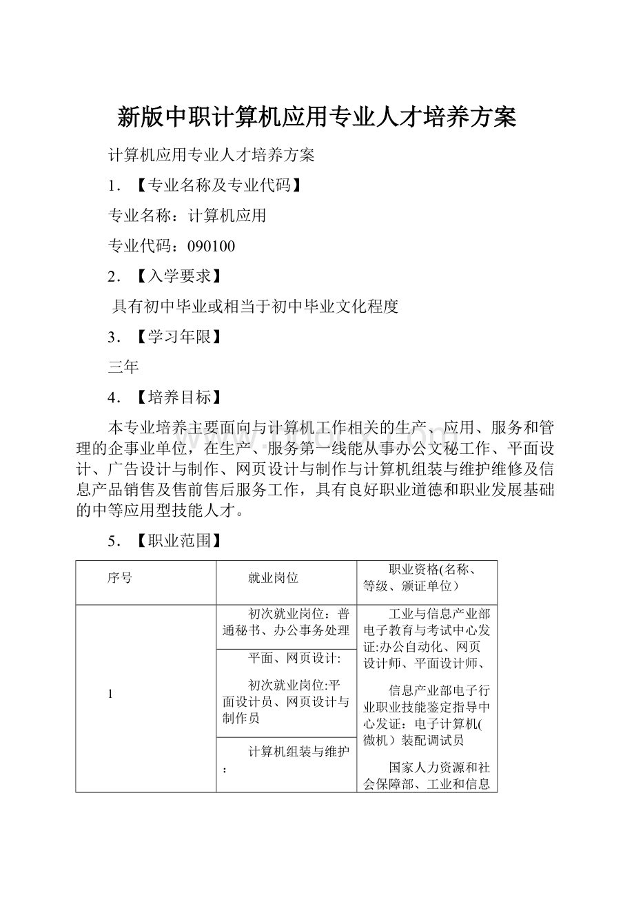 新版中职计算机应用专业人才培养方案.docx