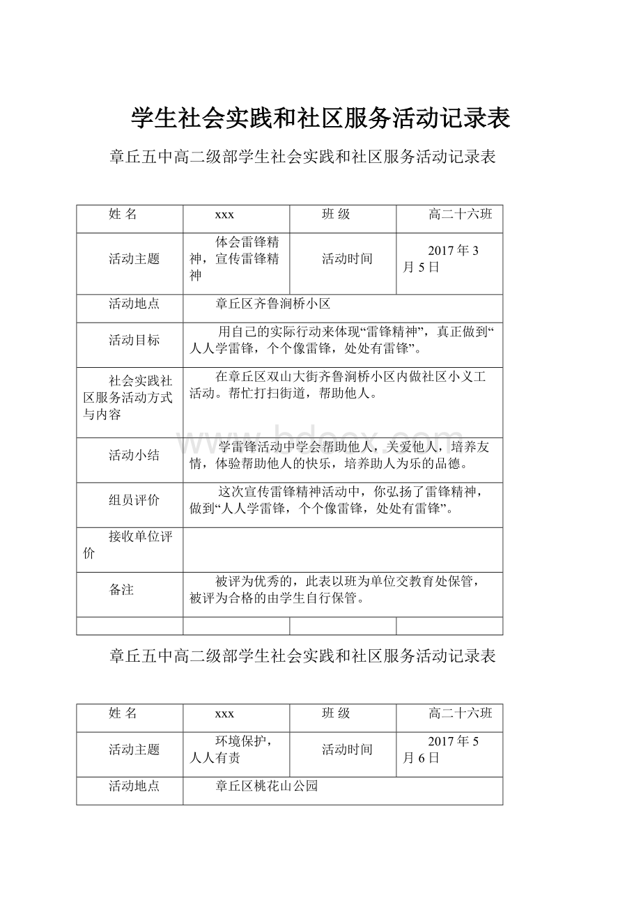 学生社会实践和社区服务活动记录表.docx_第1页