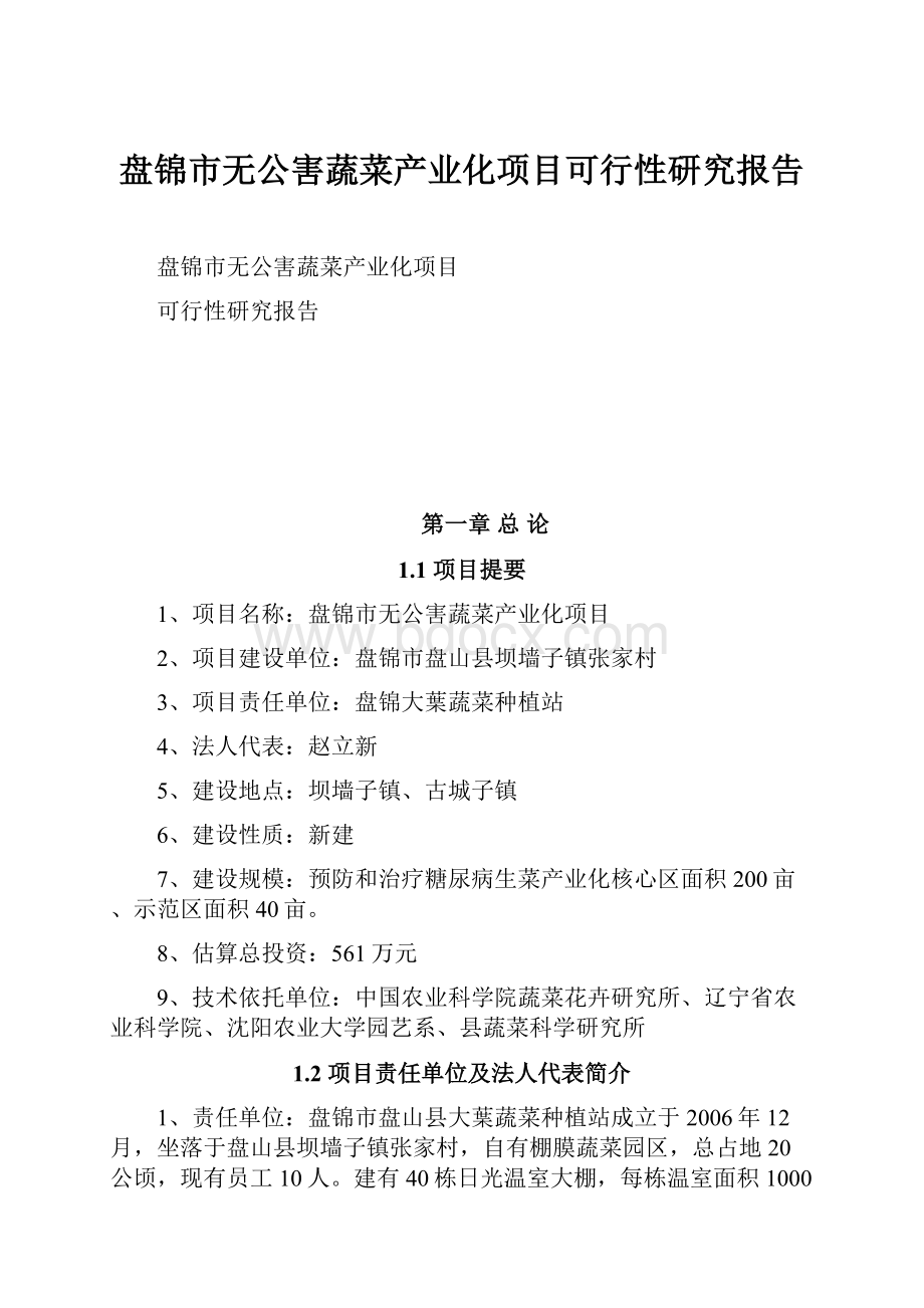 盘锦市无公害蔬菜产业化项目可行性研究报告.docx