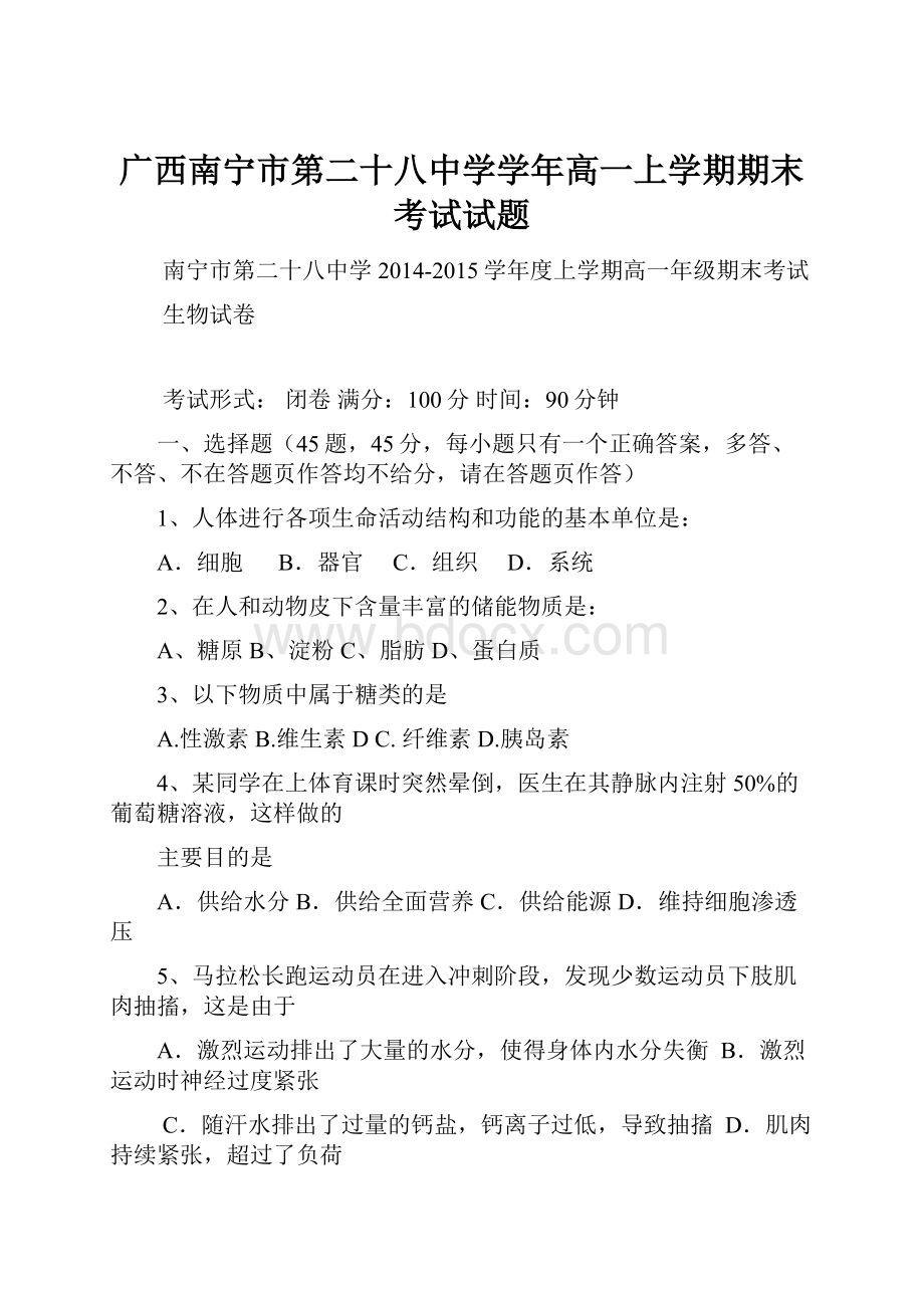 广西南宁市第二十八中学学年高一上学期期末考试试题.docx