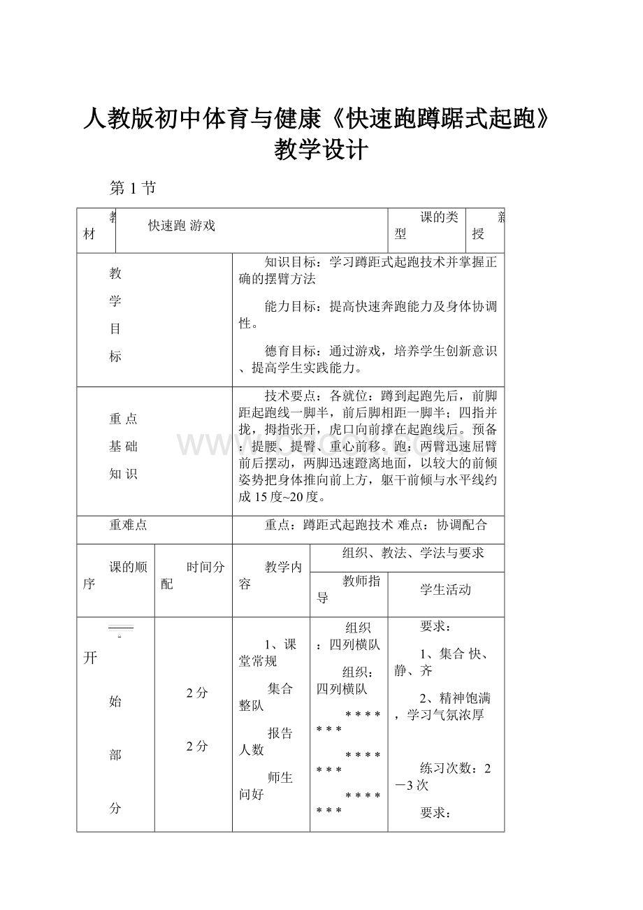 人教版初中体育与健康《快速跑蹲踞式起跑》教学设计.docx_第1页