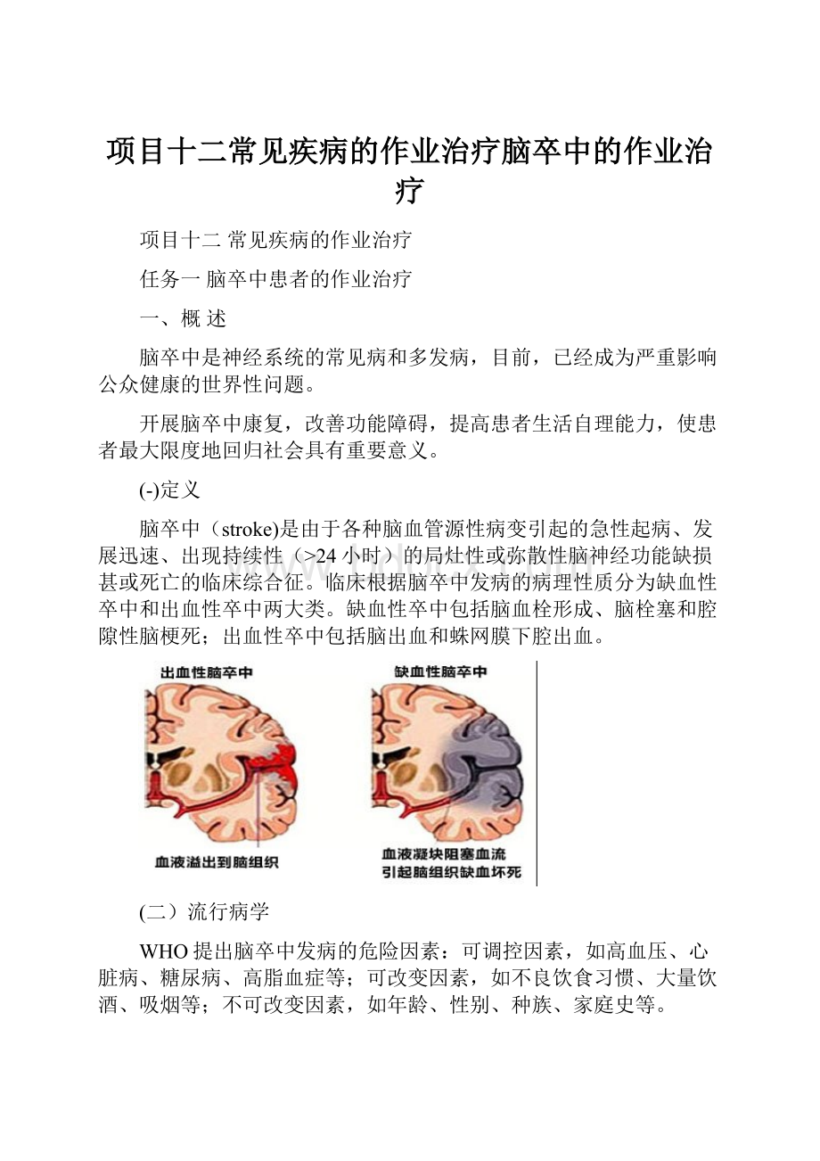 项目十二常见疾病的作业治疗脑卒中的作业治疗.docx_第1页