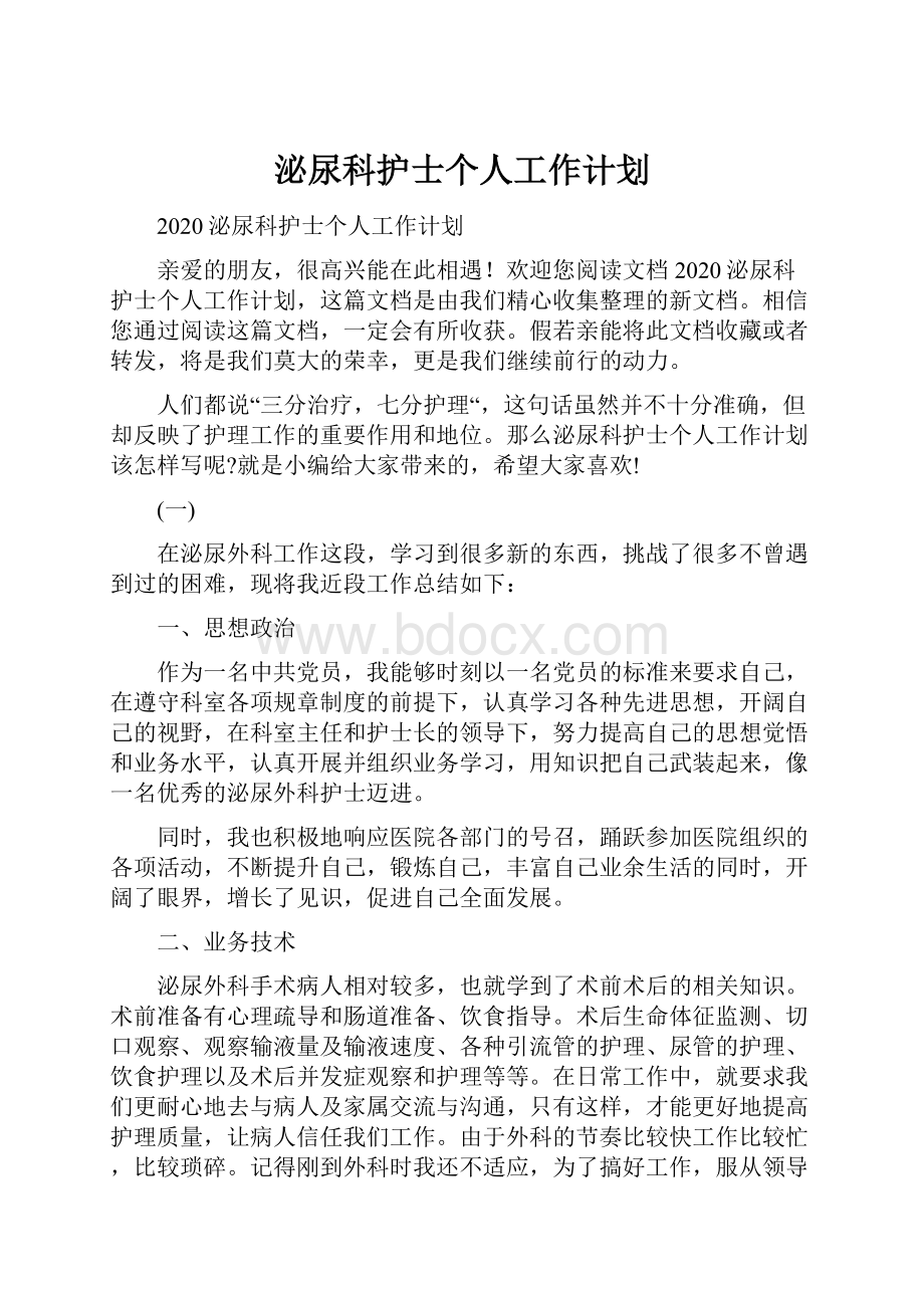 泌尿科护士个人工作计划.docx