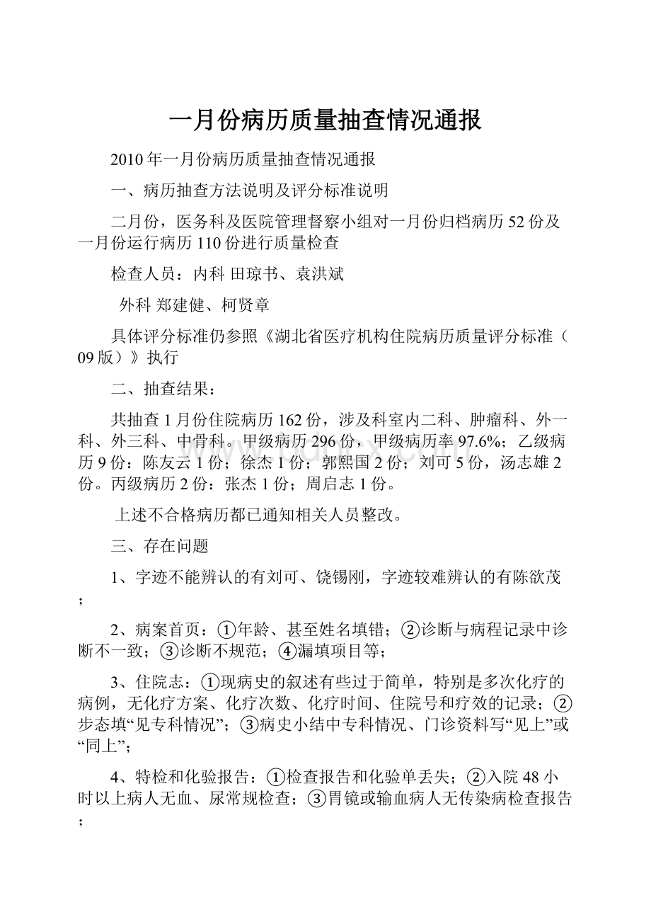 一月份病历质量抽查情况通报.docx_第1页