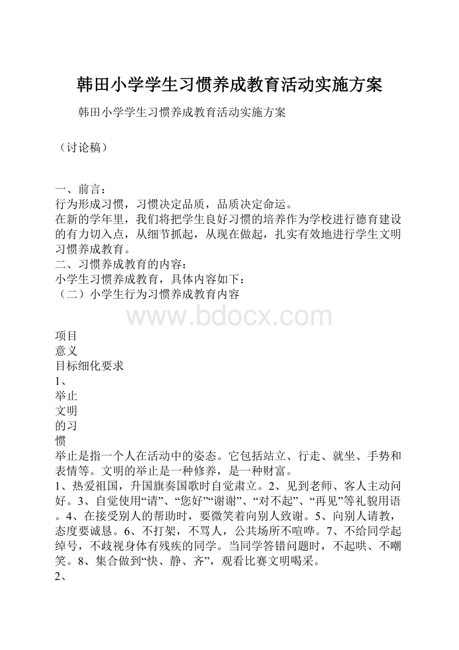 韩田小学学生习惯养成教育活动实施方案.docx