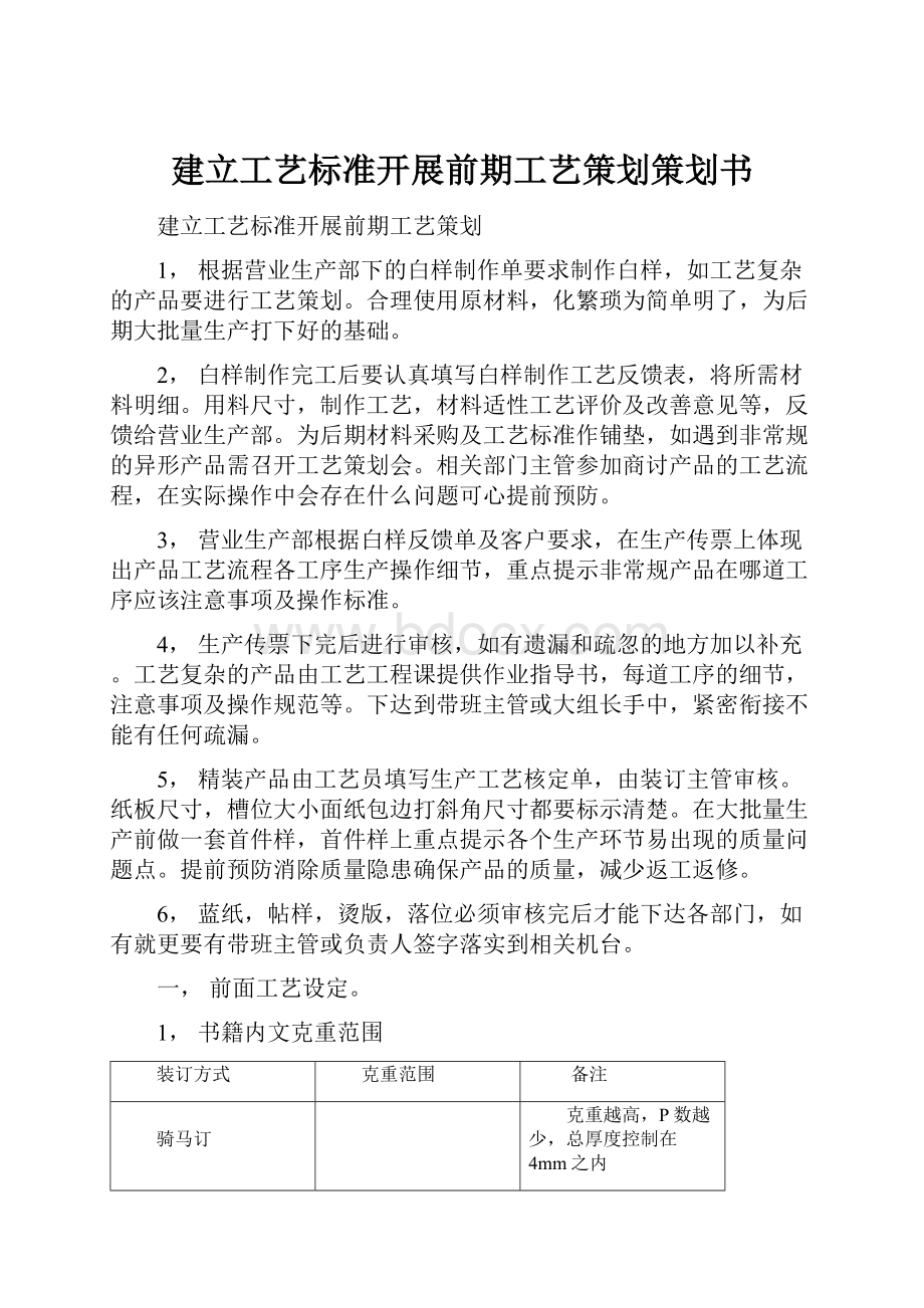 建立工艺标准开展前期工艺策划策划书.docx_第1页