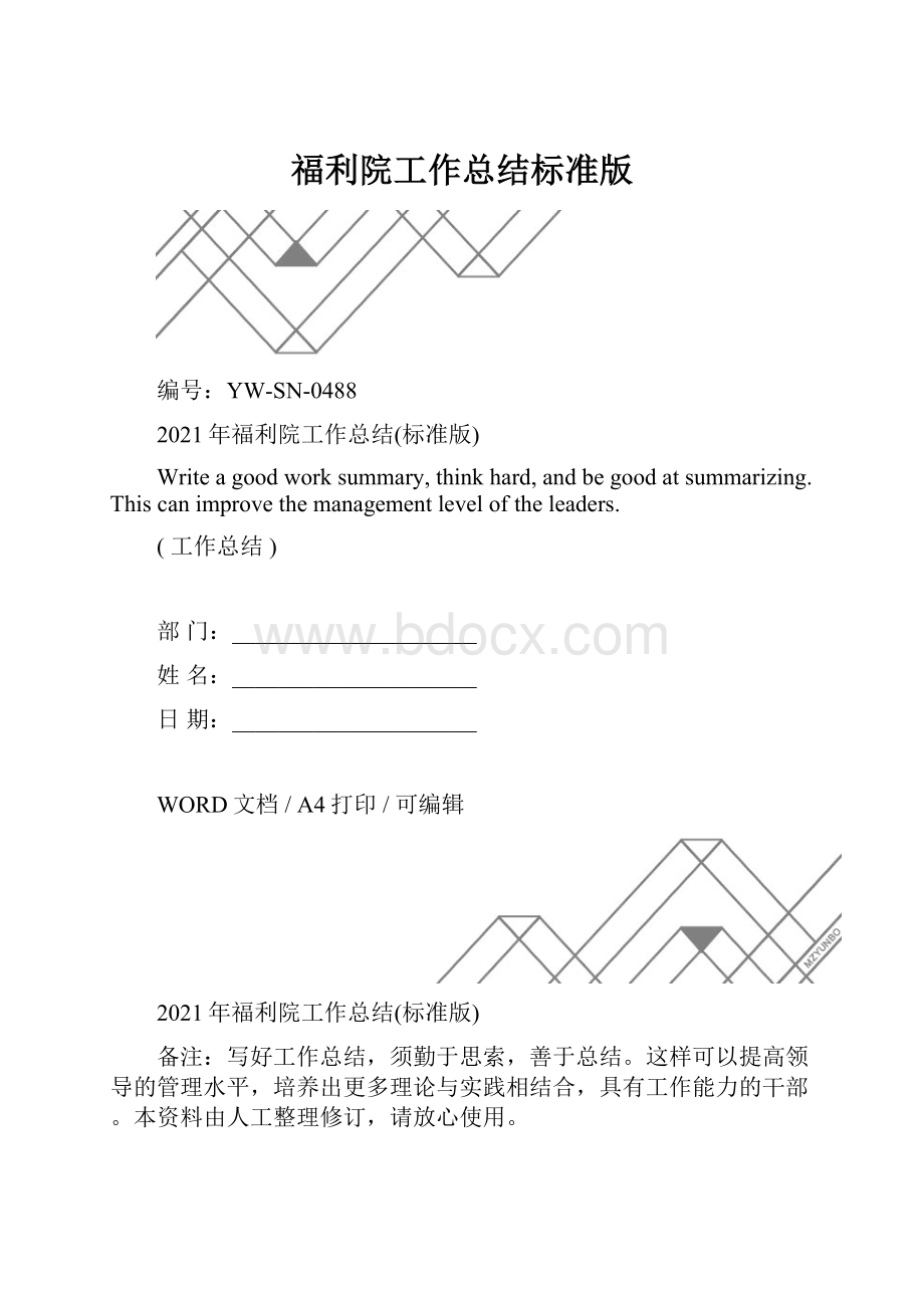 福利院工作总结标准版.docx