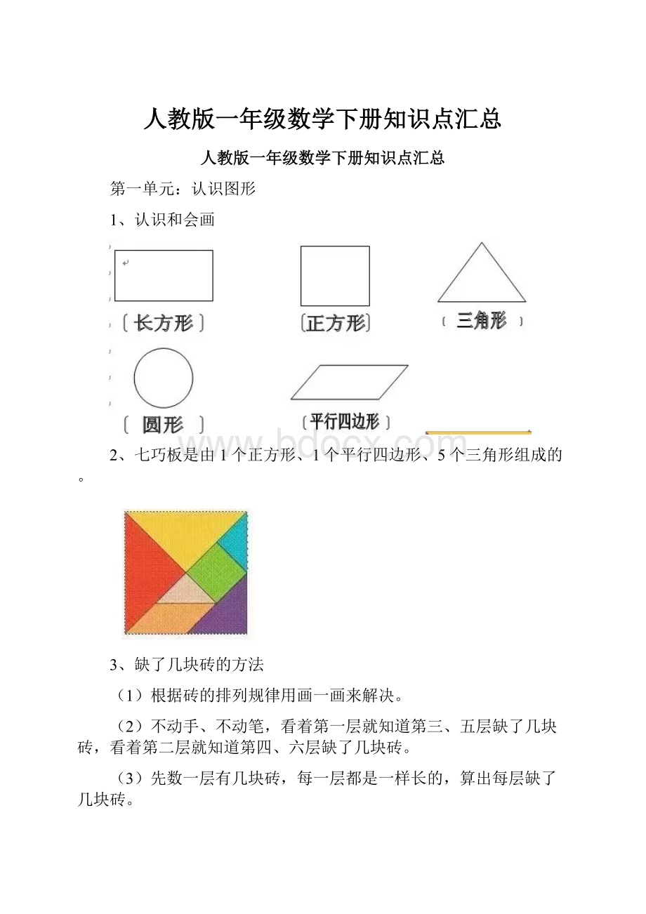 人教版一年级数学下册知识点汇总.docx