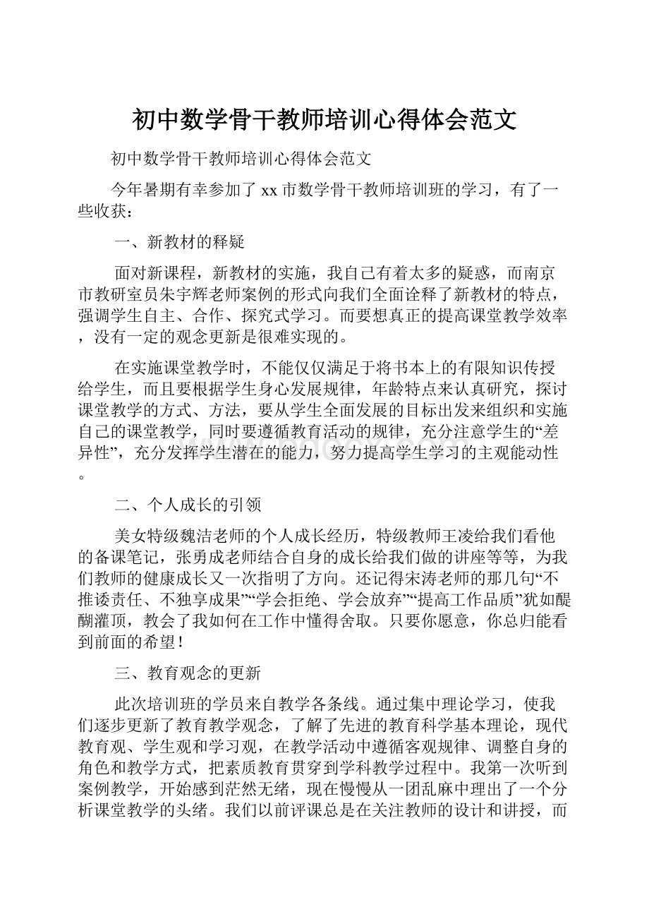 初中数学骨干教师培训心得体会范文.docx