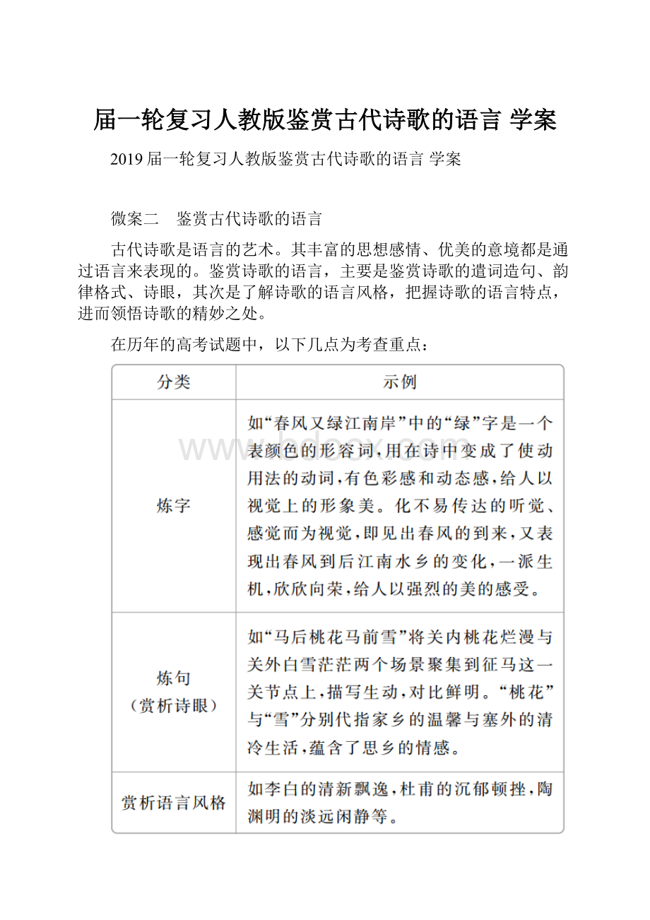 届一轮复习人教版鉴赏古代诗歌的语言 学案.docx_第1页