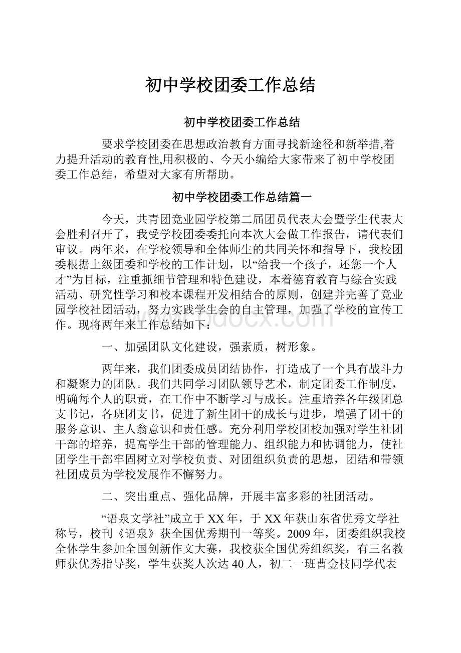 初中学校团委工作总结.docx