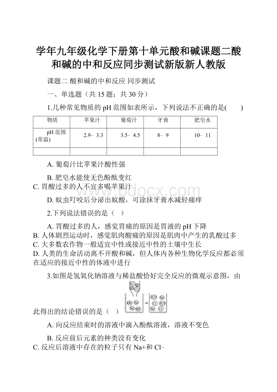 学年九年级化学下册第十单元酸和碱课题二酸和碱的中和反应同步测试新版新人教版.docx_第1页