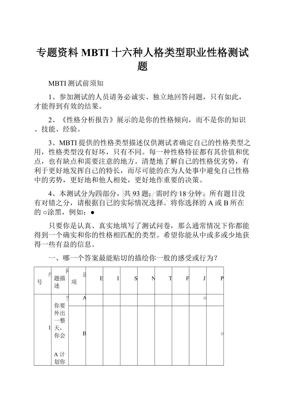 专题资料MBTI十六种人格类型职业性格测试题.docx_第1页