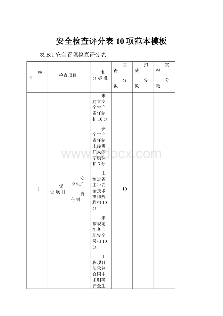 安全检查评分表 10项范本模板.docx