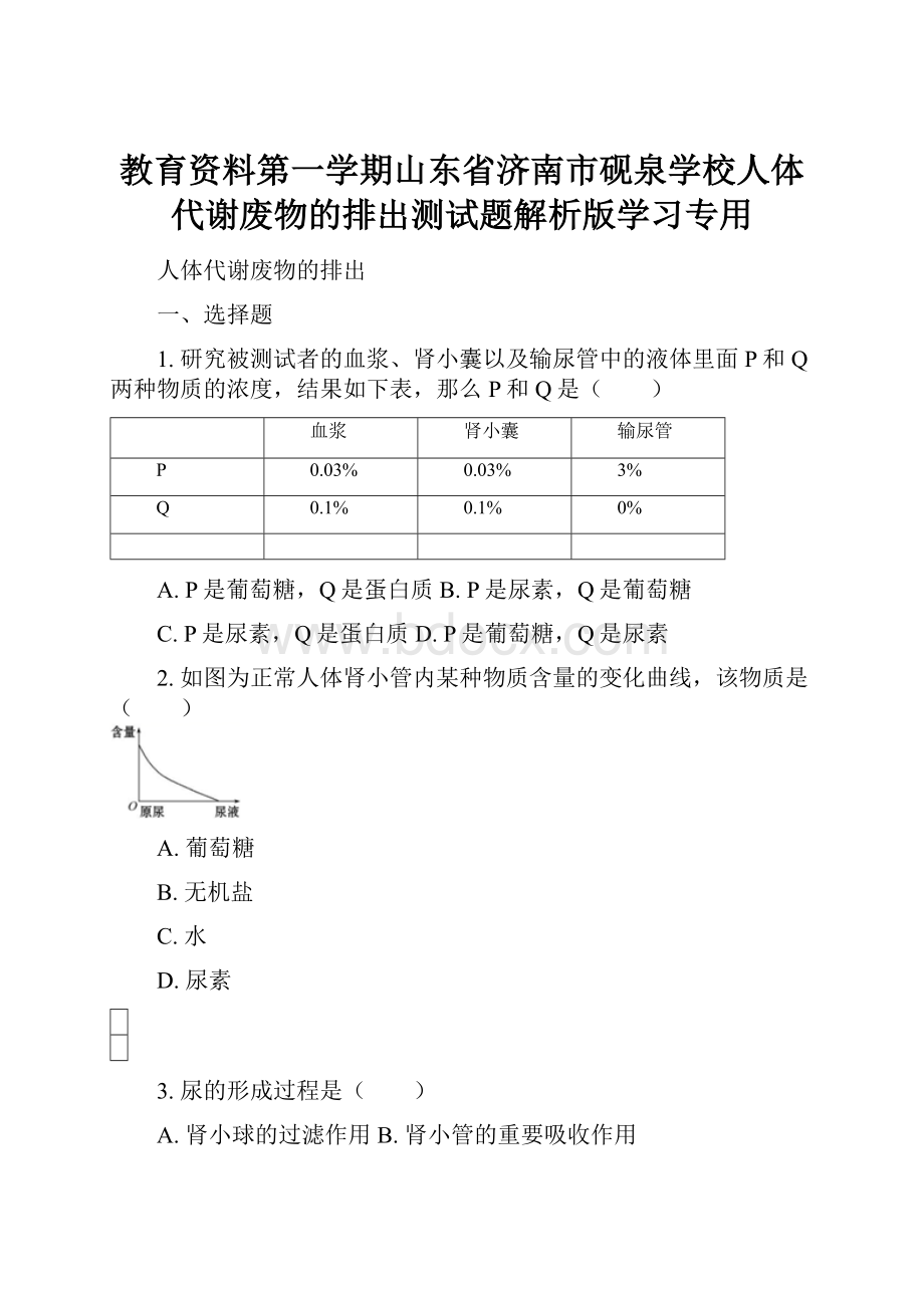 教育资料第一学期山东省济南市砚泉学校人体代谢废物的排出测试题解析版学习专用.docx_第1页