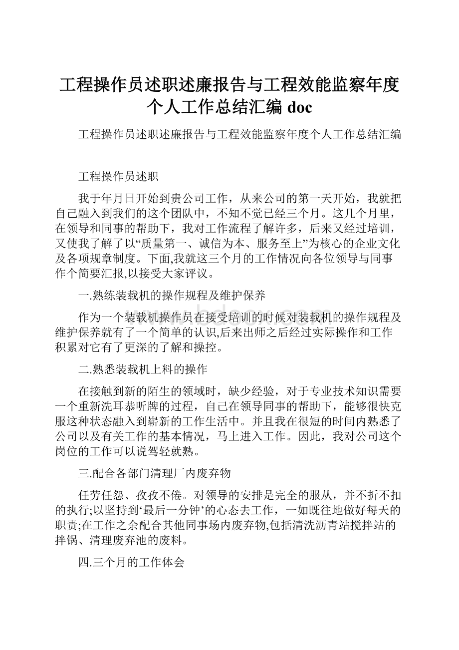 工程操作员述职述廉报告与工程效能监察年度个人工作总结汇编doc.docx