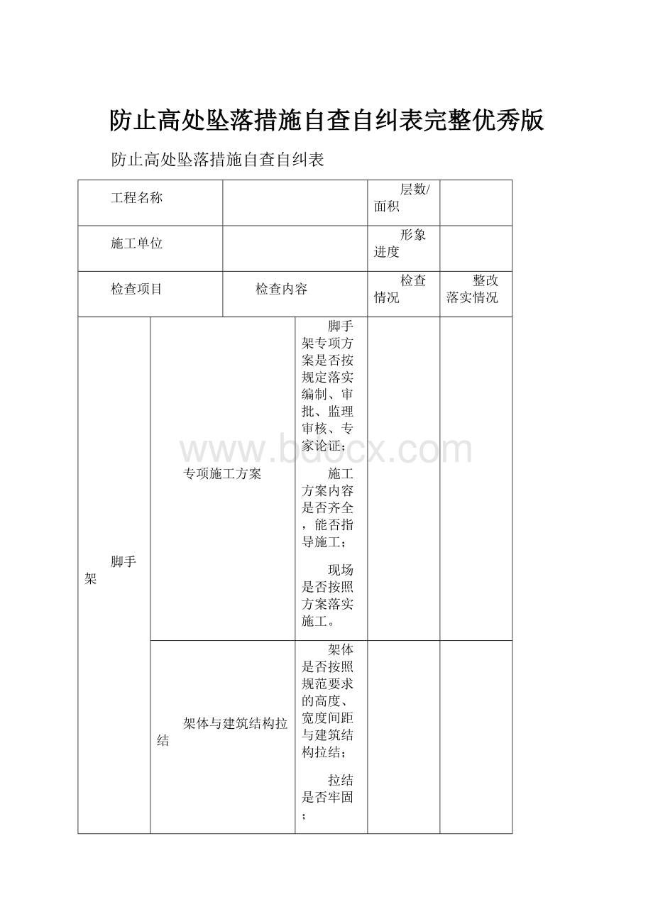 防止高处坠落措施自查自纠表完整优秀版.docx