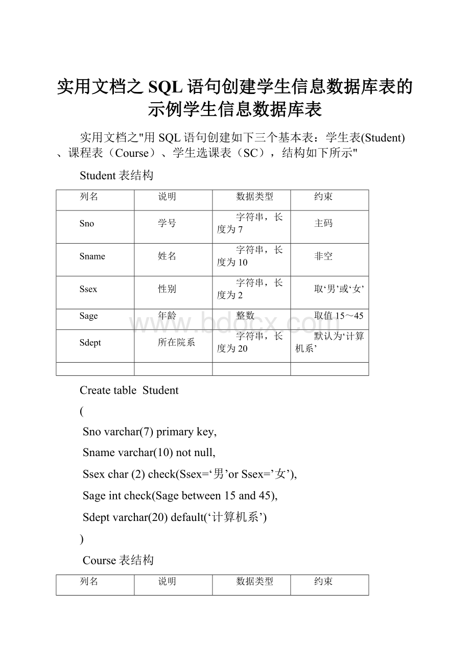 实用文档之SQL语句创建学生信息数据库表的示例学生信息数据库表.docx